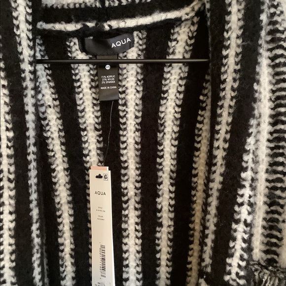 Aqua Fringe-Trim Open Front Cardigan with Pockets Black/White XSmall - Picture 3 of 4